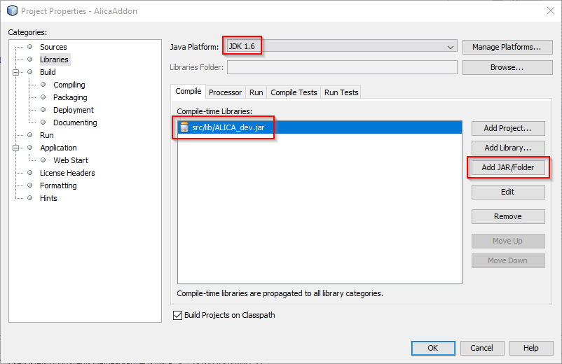 NetBeans project properties with proper JDK and ALICA library.